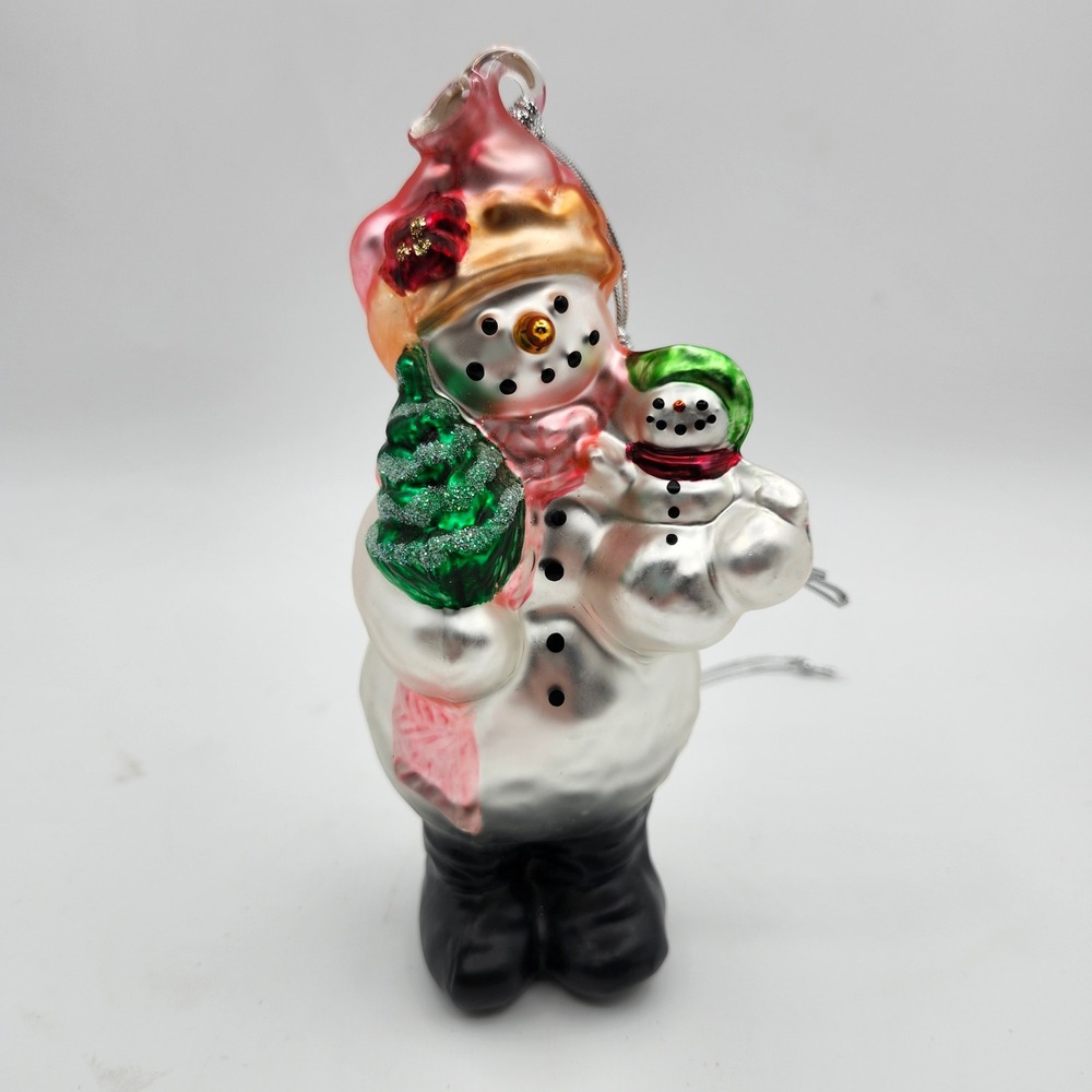 Vintage Dept 56 Snowman With Baby Handpainted‎ Mercury Glass Ornament 7"